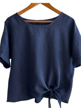 CHERISHH Top Womens Large Navy 100% Linen Front Tie Coastal Beachy Resort Wear